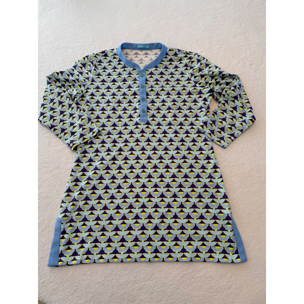 J.McLaughlin Catalina Cloth Tunic Top Blue Geometric Mod Print Henley Small